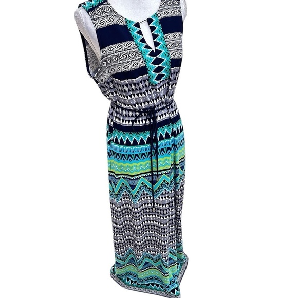 Sandra Darren patterned sleeveless keyhole neckline maxi jersey knit dress sz 12 - Picture 2 of 9